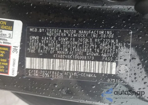 2009 Toyota Camry Base из США, поврежденный, VIN 4T4BE46K19R098179